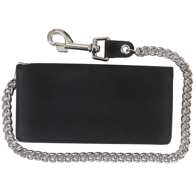 Hot Leathers black leather bi-fold wallet with credit card slots and chain, made from naked leather for a rugged look.