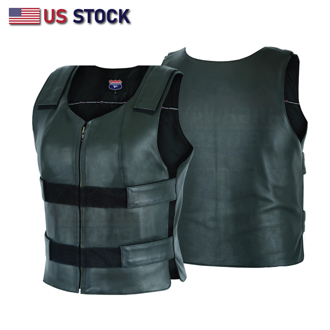 Front and back views of the women's black leather motorcycle vest HL14945Black.