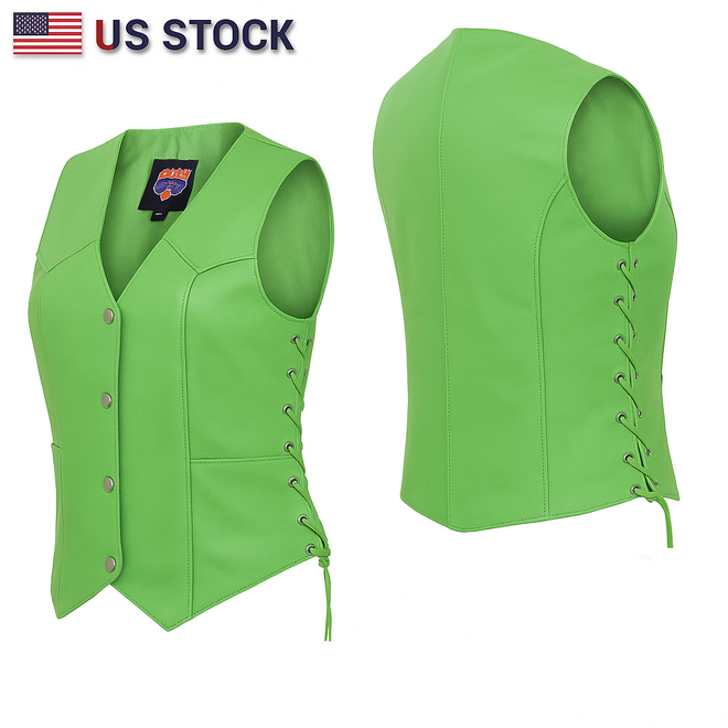 Women’s Light Green Leather Motorcycle Club Vest with Utility Pockets | HL14501
