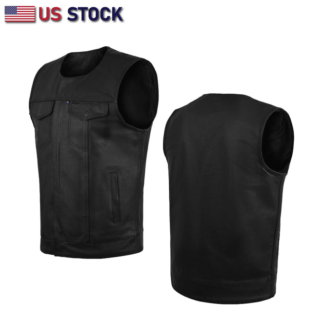 Collarless Leather Motorcycle Club Vest with Utility Pockets | HL11639SPT