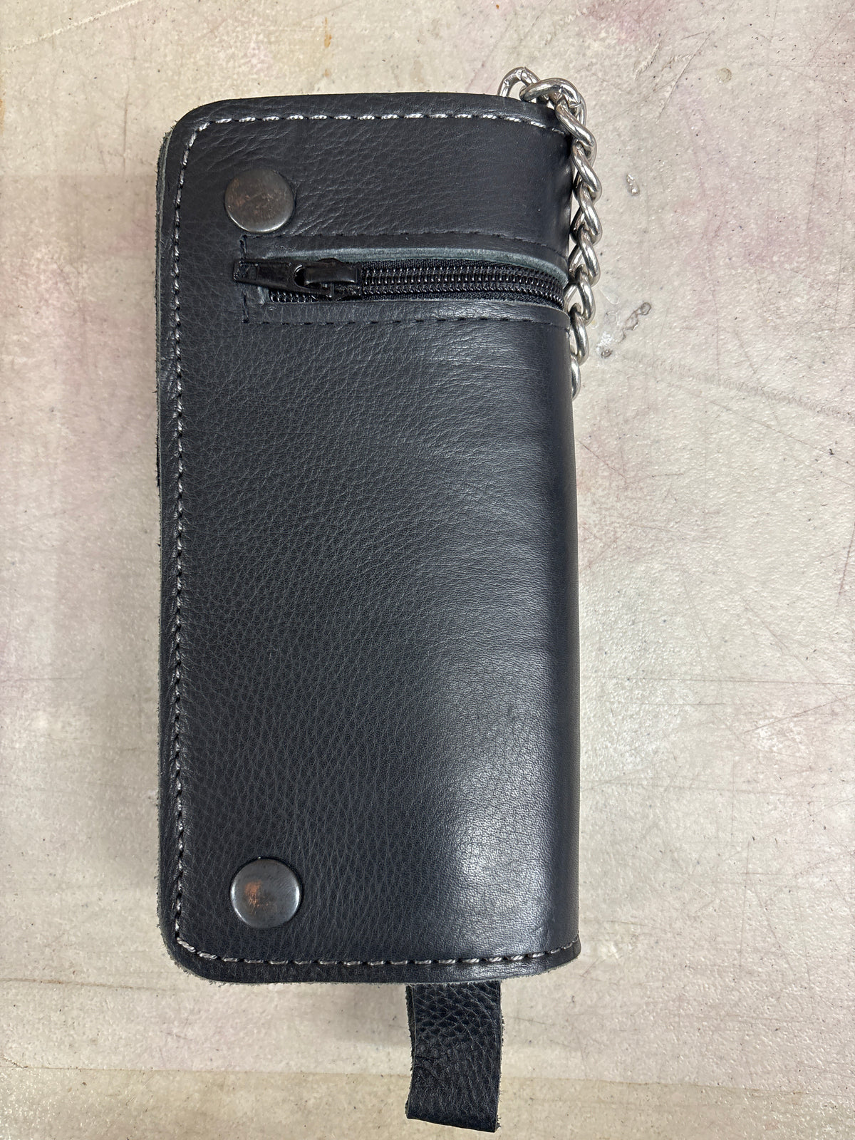 Dealer Leather black zipper wallet with chain and pocket, stylish chain wallet for secure cash and card storage.