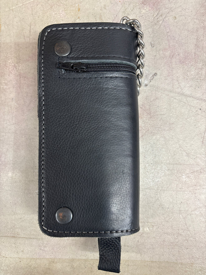 Dealer Leather black zipper wallet with chain and pocket, stylish chain wallet for secure cash and card storage.