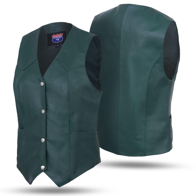 Women’s Hunter Green Soft Leather Motorcycle Vest with Utility Storage | HL14500