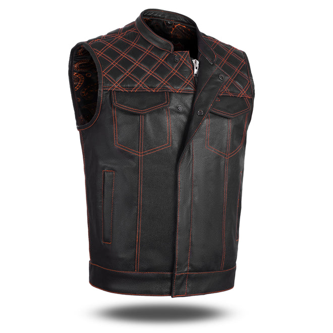 Black men's leather vest with orange cross-stitch details, featuring a club design, from Buffalo Leather Gear.