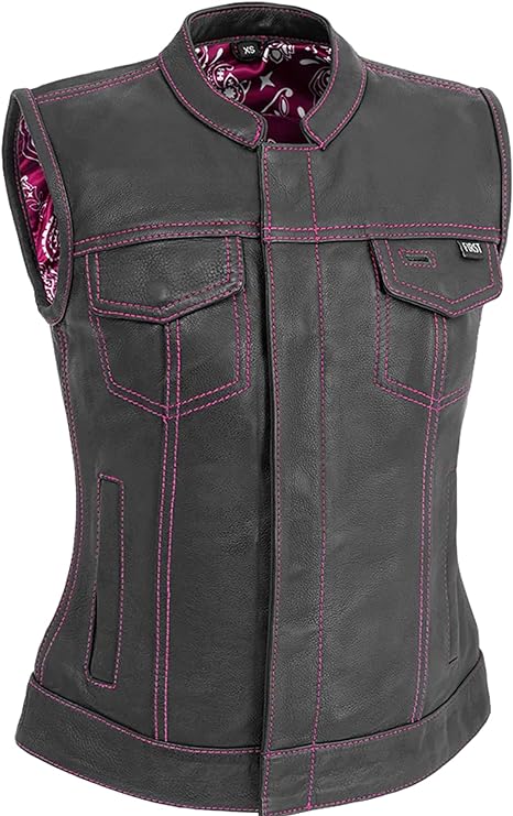 Pink women's motorcycle leather vest by FIRST MFG featuring a club style design and classic leather detailing.