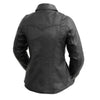 Back view of FIRST MFG FIL118SC Onyx women's leather motorcycle jacket, showcasing stylish design and durable leather construction.