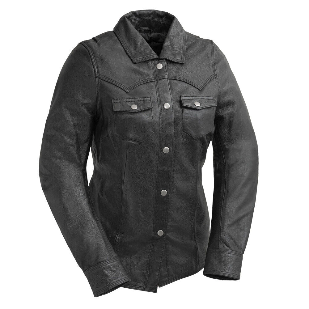 First MFG women's Onyx leather motorcycle jacket, stylish black women's leather jacket with motorcycle design and hardware details.