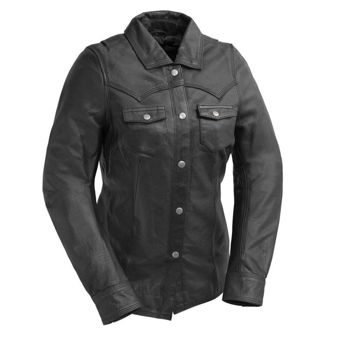 First MFG women's Onyx leather motorcycle jacket, stylish black women's leather jacket with motorcycle design and hardware details.