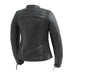 First MFG Supastar women's motorcycle leather jacket in black with silver zipper details, fitted style, and collar.