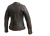Brown FIRST MFG women's leather motorcycle jacket with distressed detailing and classic design, shown on a hanger.