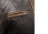 Distressed brown women's leather motorcycle jacket by FIRST MFG, featuring a rugged design and classic motorcycle style.