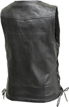 Black women's motorcycle leather vest by Buffalo Leather Gear with front zipper and side lace details, viewed from the back.