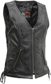 Black women's motorcycle leather vest from Cindy by FIRST MFG, featuring a fitted design and metal zipper closure.