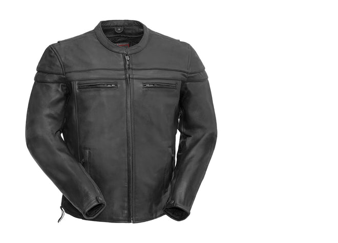 Men's Maverick motorcycle leather jacket by FIRST MFG, black leather with zipper details and collar, front view.