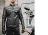 Men's motorcycle leather jacket by FIRST MFG, Maverick FIM262NTCZ, featuring black leather with protective padding and classic design.