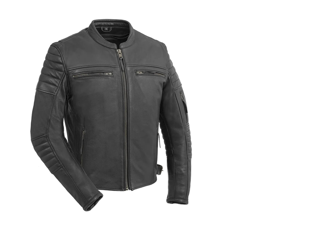 Men's black motorcycle leather jacket by FIRST MFG, stylish commuter jacket with protective details and classic design.