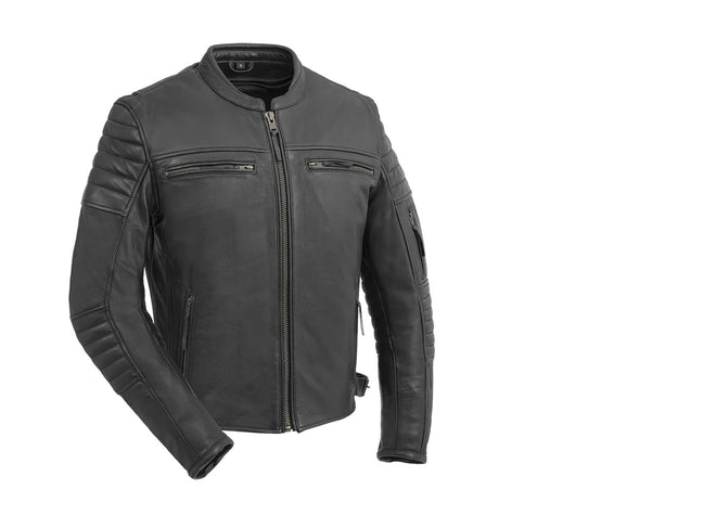 Men's black motorcycle leather jacket by FIRST MFG, stylish commuter jacket with protective details and classic design.
