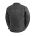 Men's black motorcycle leather jacket by FIRST MFG, commuter style, with visible shoulder and sleeve details.