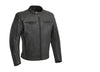 Men's motorcycle leather jacket by FIRST MFG, top performer FIM288CHRZ, featuring black leather with protective shoulder and sleeve detailing.