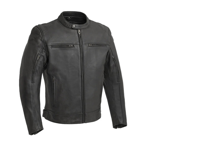 Men's motorcycle leather jacket by FIRST MFG, top performer FIM288CHRZ, featuring black leather with protective shoulder and sleeve detailing.