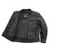 Men's motorcycle leather jacket by FIRST MFG, Top Performer FIM288CHRZ, shown with detailed black leather and protective design features.