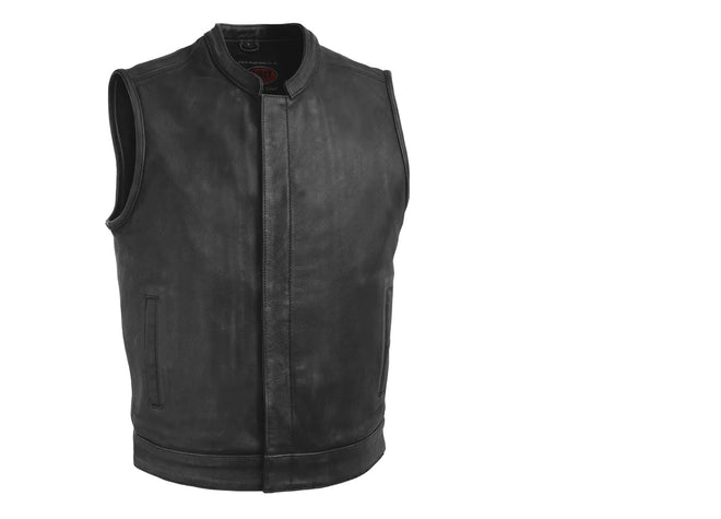 Men's black motorcycle leather vest with top rocker design from FIRST MFG, featuring durable leather and stylish fit.