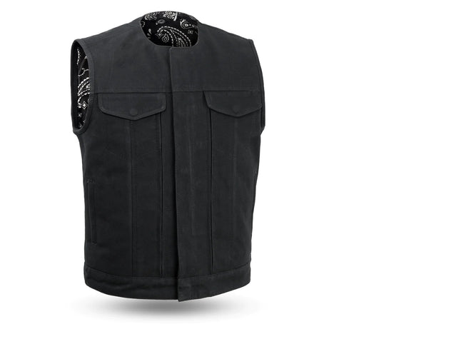 Front of black canvas collarless club vest with snap-flap chest pockets and bandana-print liner