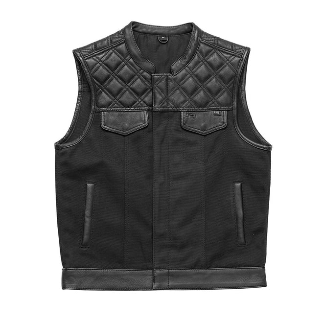 Black men's motorcycle leather and canvas vest by FIRST MFG, featuring rugged design and front zipper closure.