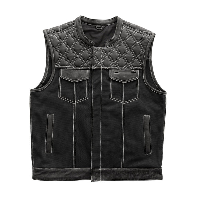 White Stitch FIM664CNVQ men's motorcycle leather and canvas vest by FIRST MFG, featuring durable design and classic style.