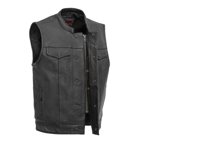 Men's motorcycle leather vest by FIRST MFG, black Sharp Shooter FIM689NOC design, featuring front zipper and shoulder detailing.