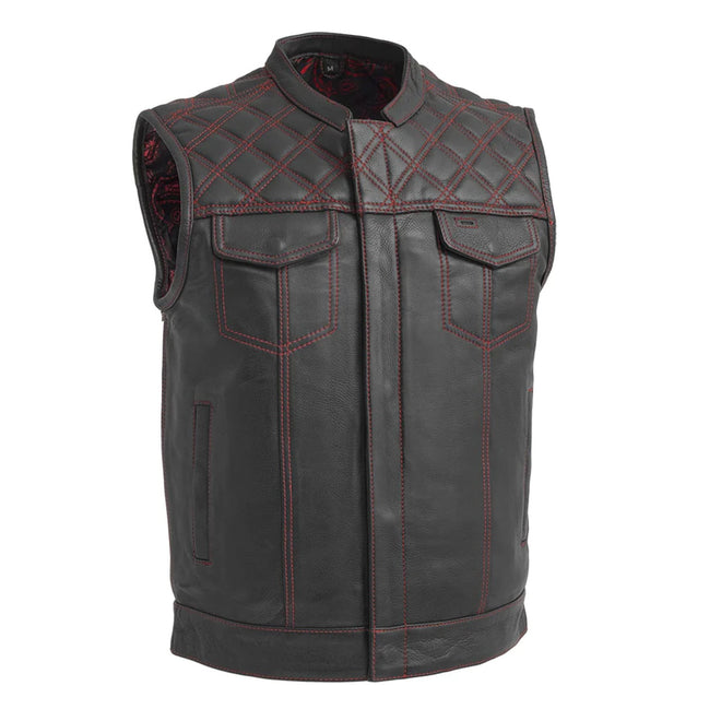 Men's black and red leather motorcycle vest by FIRST MFG, men's club style vest with front zipper and leather detailing.