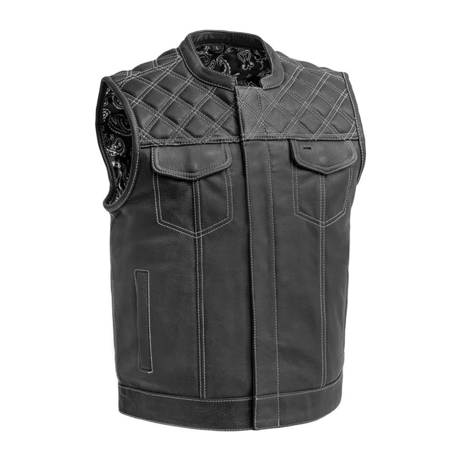 Men's black and white leather motorcycle vest by FIRST MFG, featuring a classic club style design.