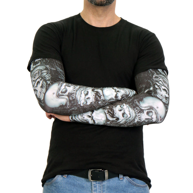 Hot Leathers five skulls arm sleeve showcasing bold black and white skull designs on a flexible fabric arm covering.