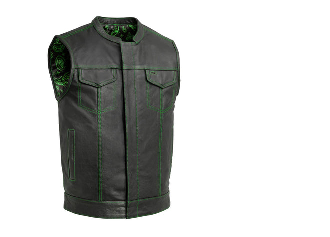 Green men's motorcycle leather vest by First MFG, featuring a classic fit and durable leather construction.