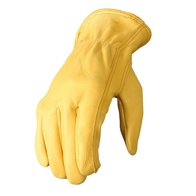 Hot Leathers gold deerskin leather driving gloves showing detailed stitching and snug fit on a model's hands.