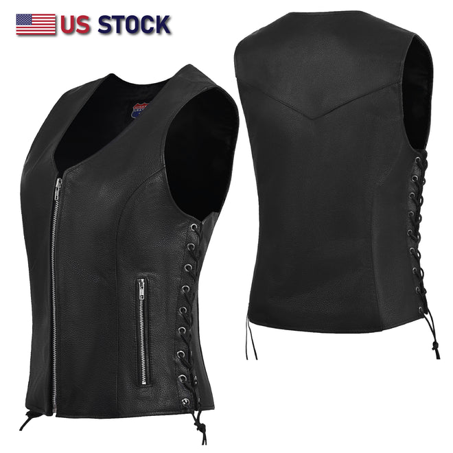 Black women's leather motorcycle vest with side lace details and front zipper by Buffalo Leather Gear, suitable for riding and casual wear.