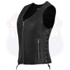 Black women's leather motorcycle vest with side lace and front zipper by Buffalo Leather Gear, featuring a stylish, fitted design.