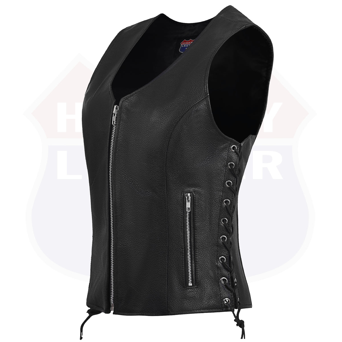 Black women's leather motorcycle vest with side lace and front zipper by Buffalo Leather Gear, featuring a stylish, fitted design.