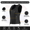 Black women's leather motorcycle vest with side lace and front zipper, featuring a stylish design by Buffalo Leather Gear.