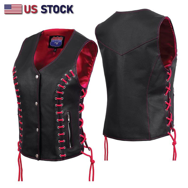Buffalo Leather Gear women's side lace vest in pink and black, made of buffalo leather, featuring stylish side lace details.