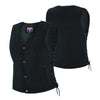 Buffalo Leather Gear women's denim motorcycle vest with side lace details and two inside ammo pockets, stylish and durable.