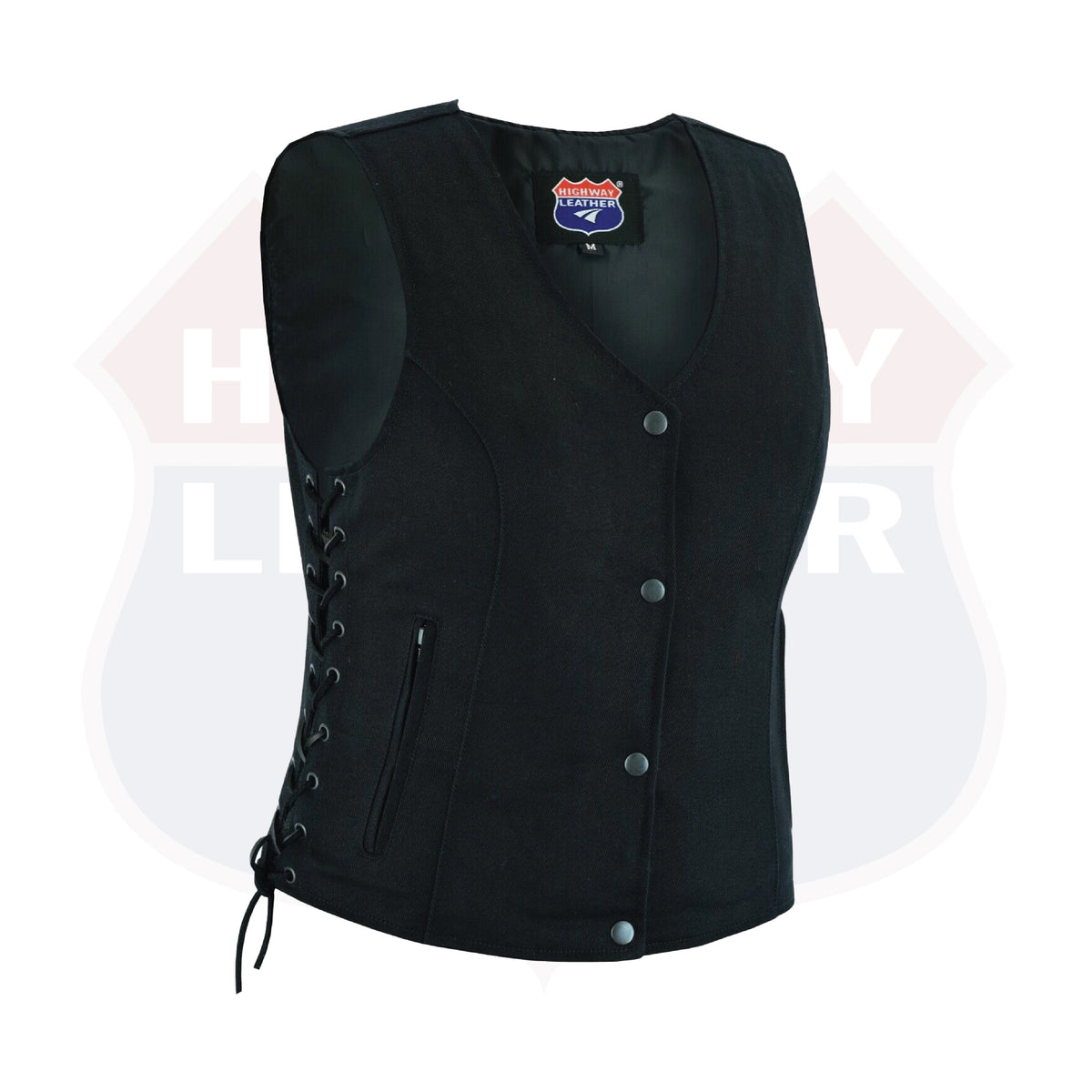 Buffalo Leather Gear women's denim motorcycle vest with side lace details and two inside ammo pockets, stylish and durable.