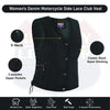 Buffalo Leather Gear women's denim motorcycle vest with side lace detail and two inside ammo pockets, stylish and durable.