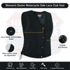 Buffalo Leather Gear women's denim motorcycle vest with side lace details and two inside ammo pockets, showcasing rugged style.