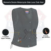 Buffalo Leather Gear women’s denim motorcycle vest with side lace details and two inside ammo pockets, stylish and functional.