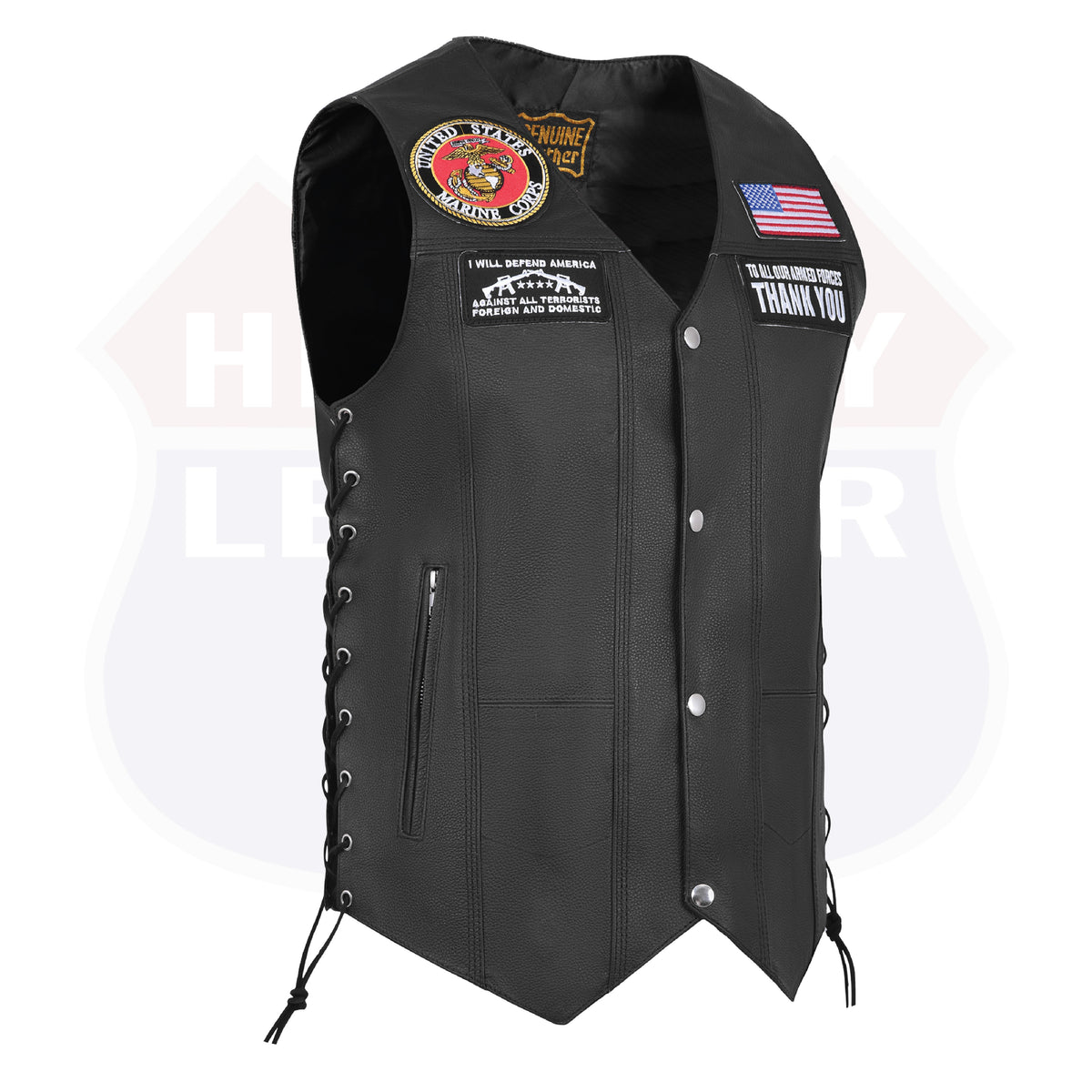 Black men's genuine leather motorcycle biker vest with seven pockets by Buffalo Leather Gear, featuring a rugged design and ANARCHY black detail.