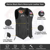 Black men's genuine leather motorcycle vest with seven pockets from Buffalo Leather Gear, featuring rugged biker style and detailed stitching.