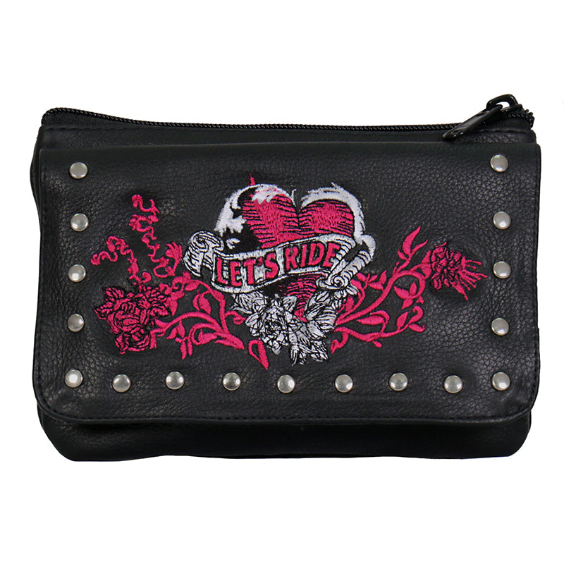 Hot Leathers embroidered black heart clip pouch, thigh fan bag with colorful detailing, stylish and compact for on-the-go use.