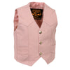 Milwaukee Leather pink girls’ leather vest with three snap buttons, casual kids clothing, pink color, front view.