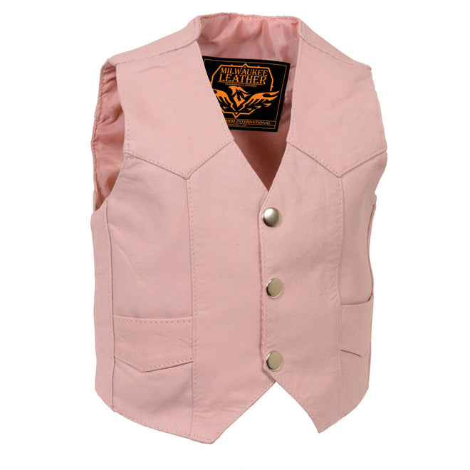 Milwaukee Leather pink girls’ leather vest with three snap buttons, casual kids clothing, pink color, front view.
